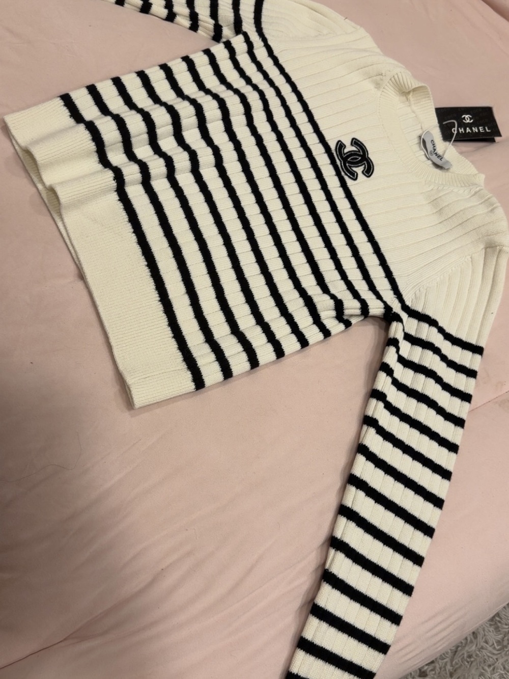 CHANEL White and Black Striped Ribbed Crewneck Sweater
